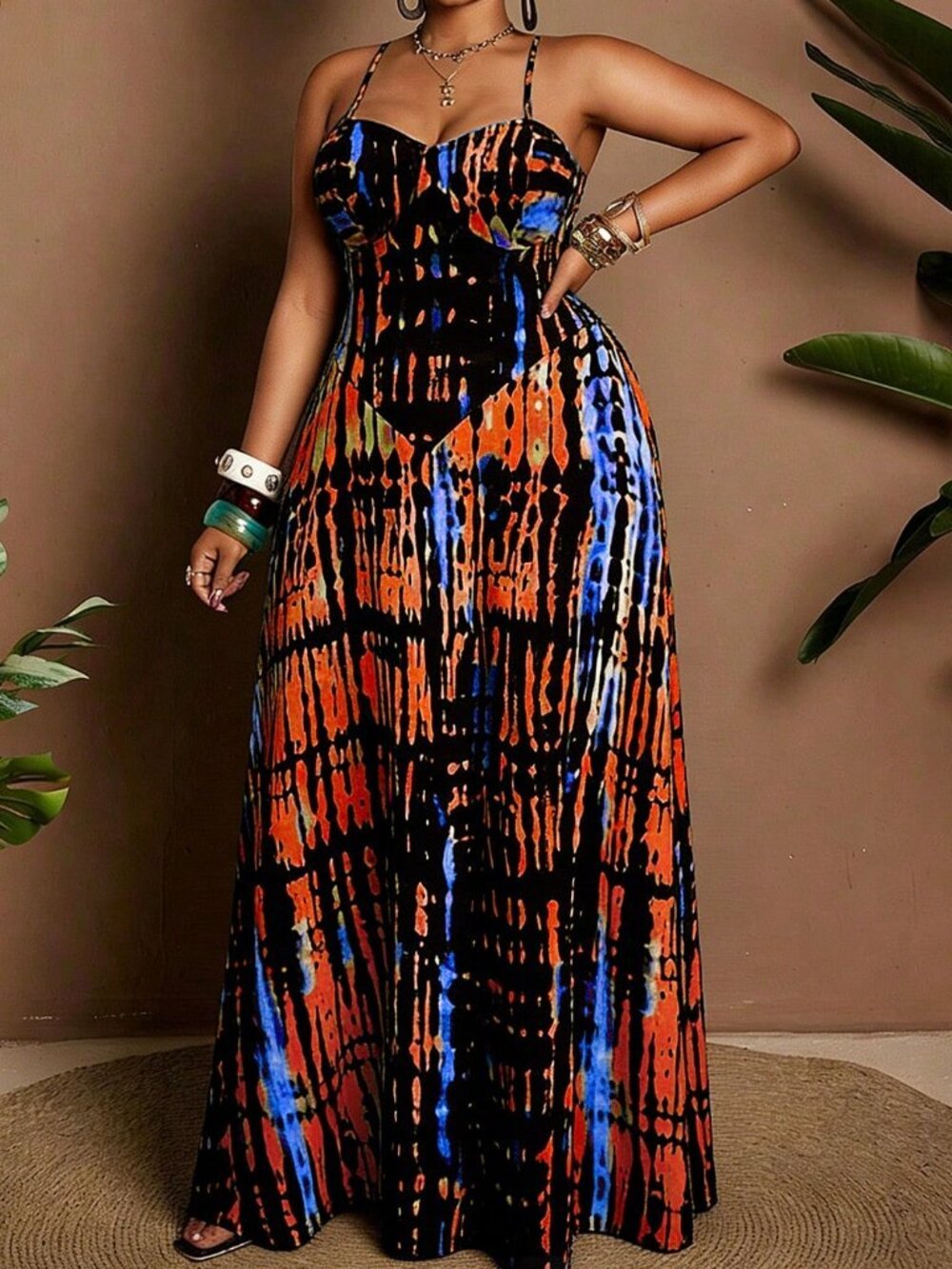 multicolor Boho Women's Plus Size tie dye Printed Sexy spagetti strap maxi Dress